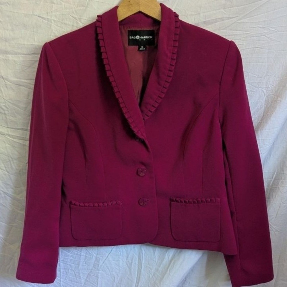 Magenta Fuschsia Ruffle Trim Shawl‎ Collar Blazer Jacket Womens 16 Professional